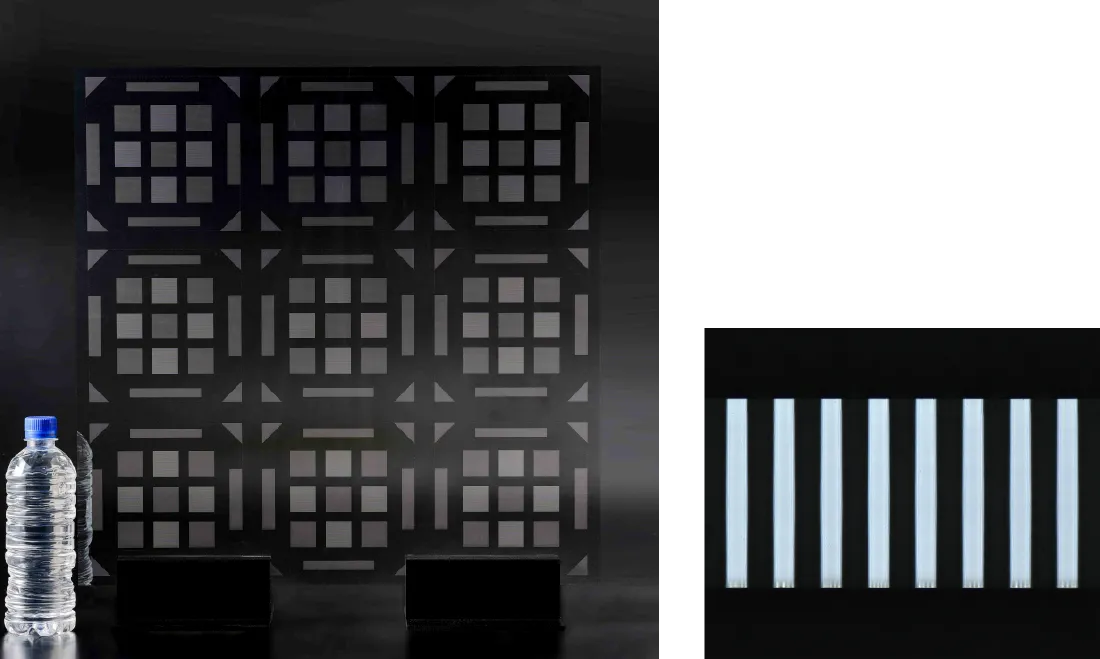 Glass substrates and cross-sectional image by laser modification and etching (substrate thickness 0.4 mm, hole diameter φ50μm)