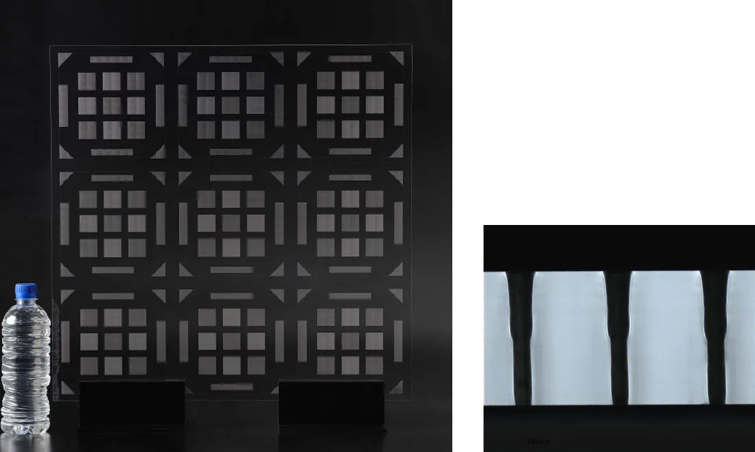 Glass substrates and cross-sections image by CO2 laser (Substrate thickness 0.5 mm, hole diameter φ90μm)