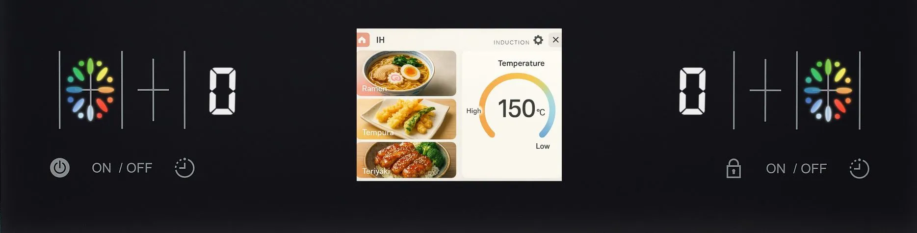 Example image of the control panel portion of the top plate displaying full-color LED and LCD screens