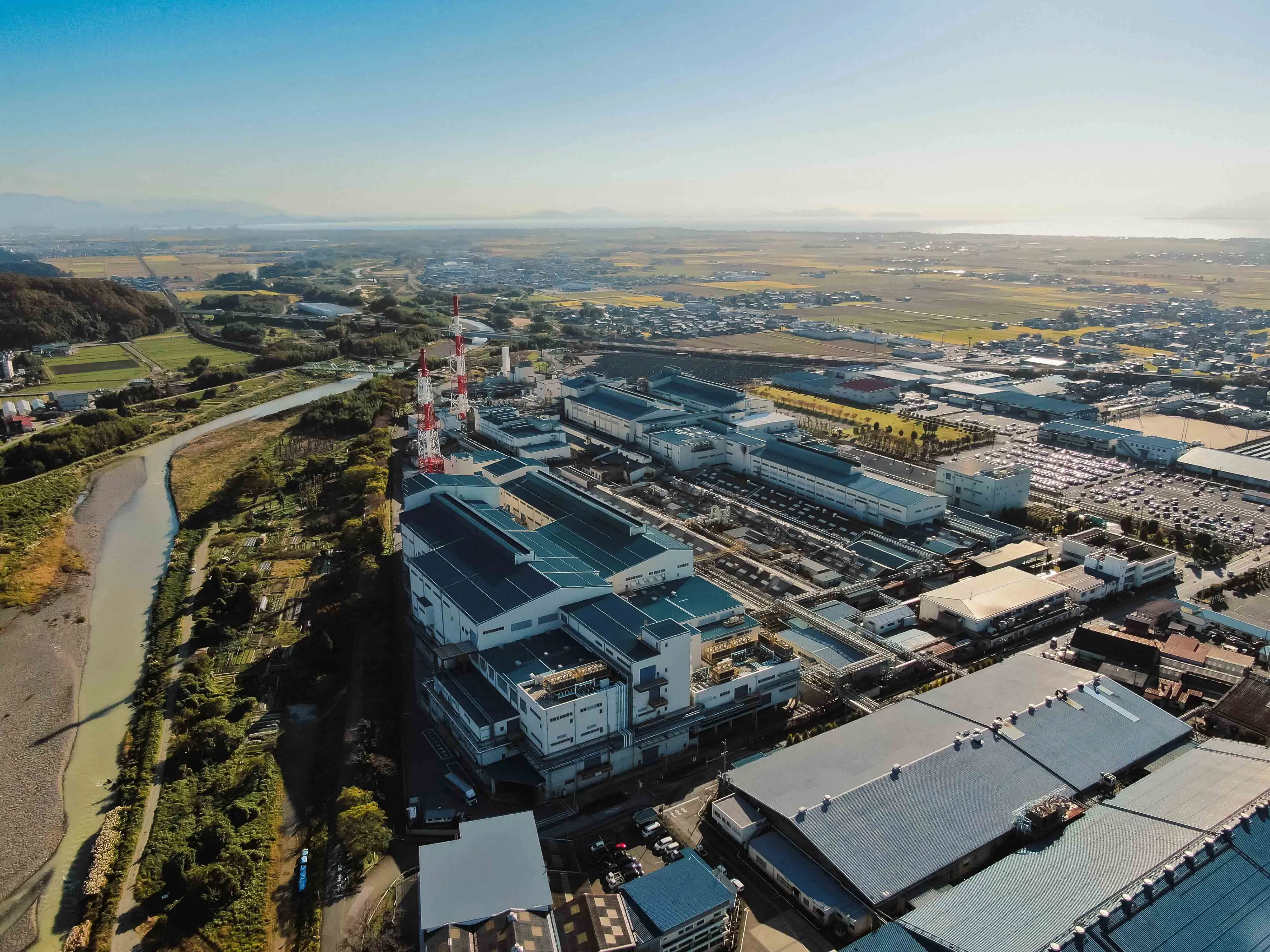 Aerial view of NEG’s Takatsuki Plant, with Lake Biwa in the background
